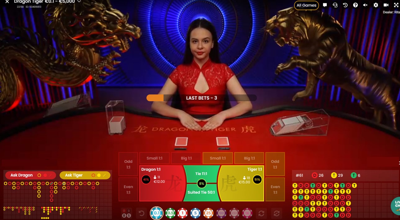 Capture d'écran d'une croupière à la table de Dragon Tiger de Pragmatic Play Live Casino