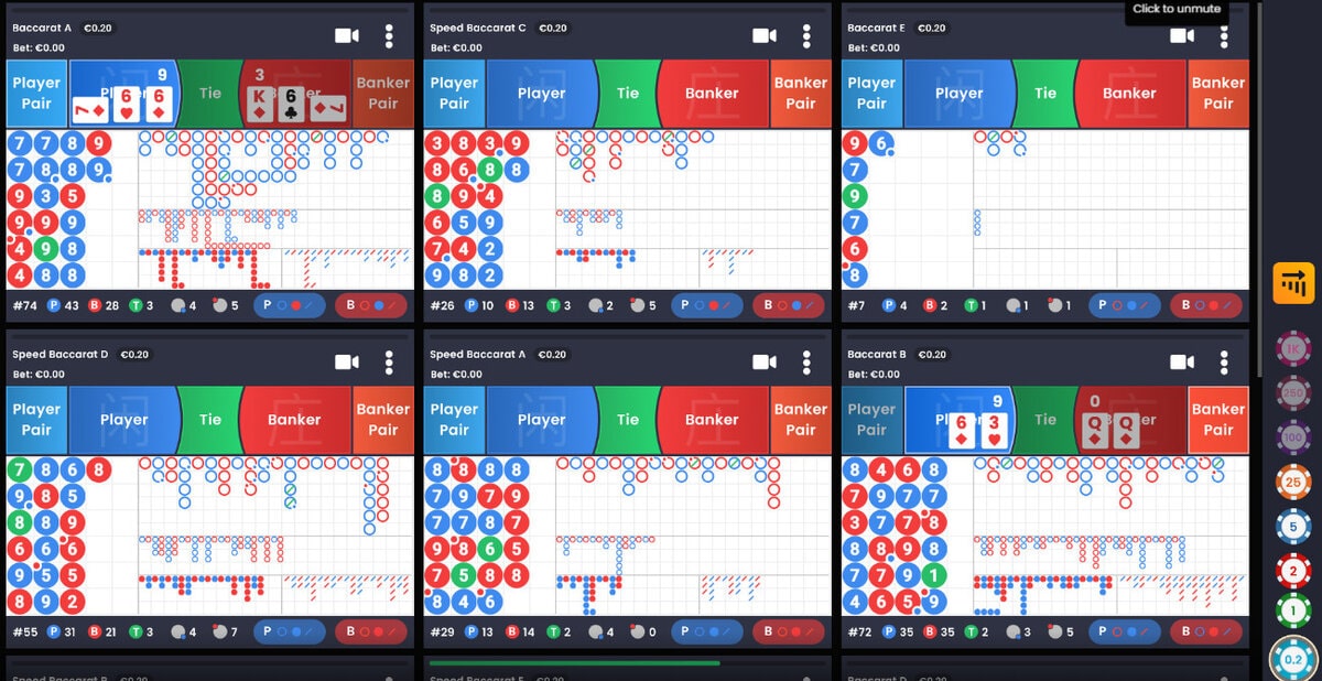 Baccarat Multiplay regroupe plusieurs tables de baccarat en live